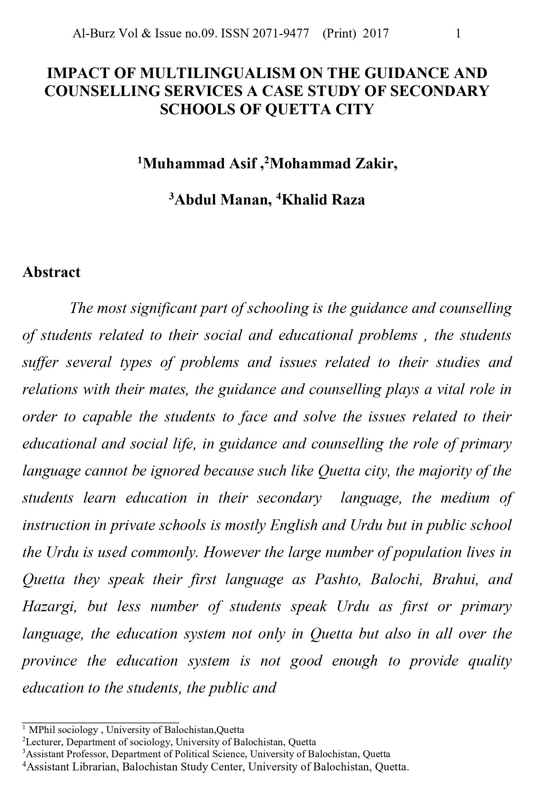 IMPACT OF MULTILINGUALISM ON THE GUIDANCE AND COUNSELLING SERVICES A CASE STUDY OF SECONDARY SCHOOLS OF QUETTA CITY