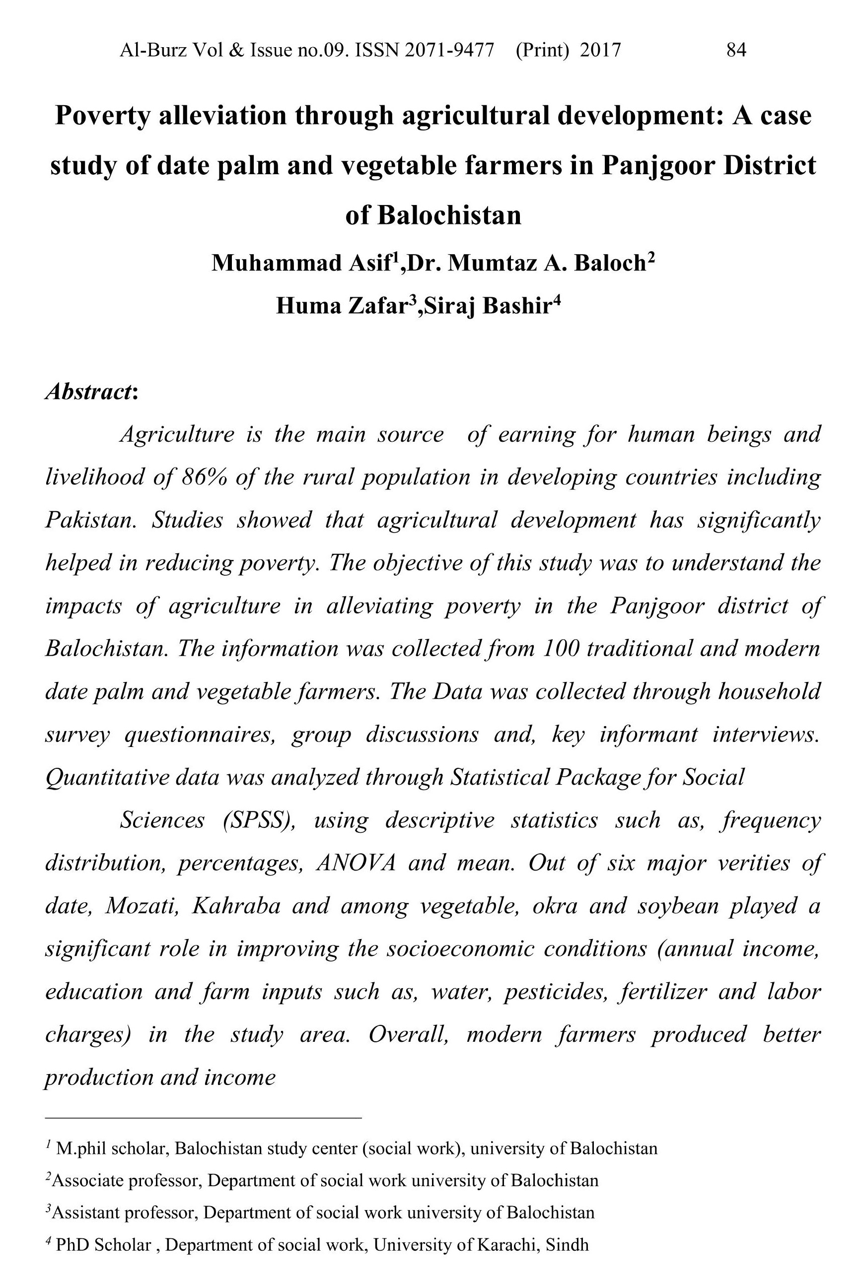 Poverty alleviation through agricultural development: A case study of date palm and vegetable farmers in Panjgoor District of Balochistan