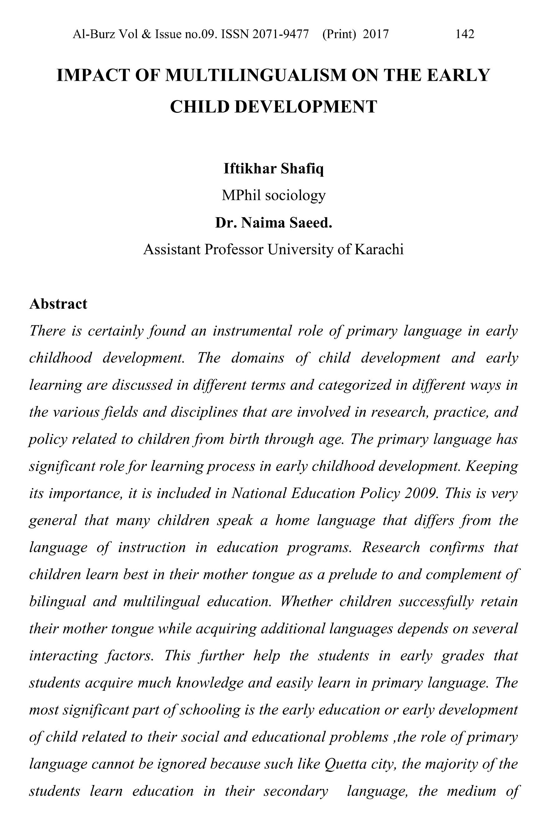 IMPACT OF MULTILINGUALISM ON THE EARLY CHILD DEVELOPMENT