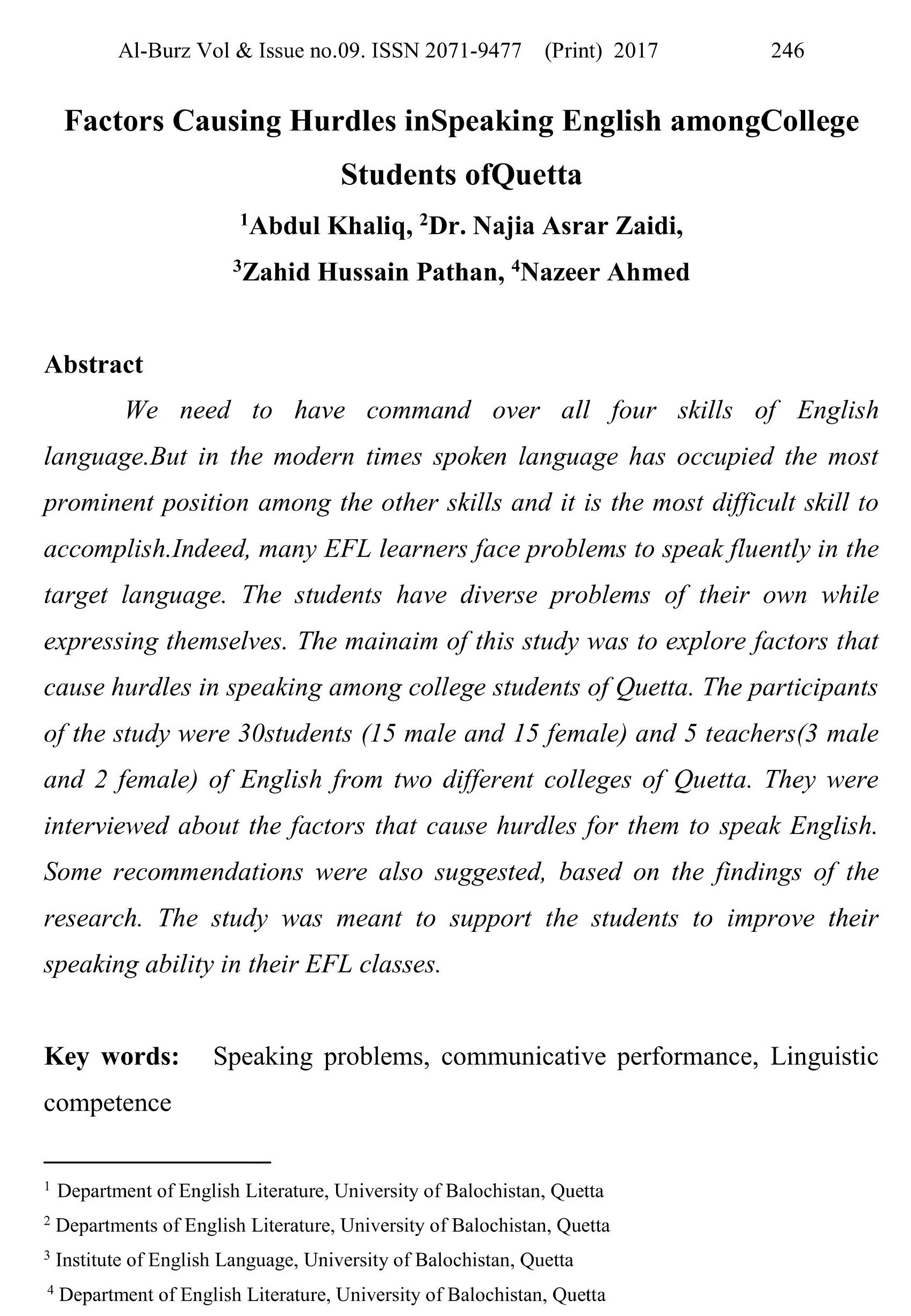 Factors Causing Hurdles in Speaking English among College Students of Quetta