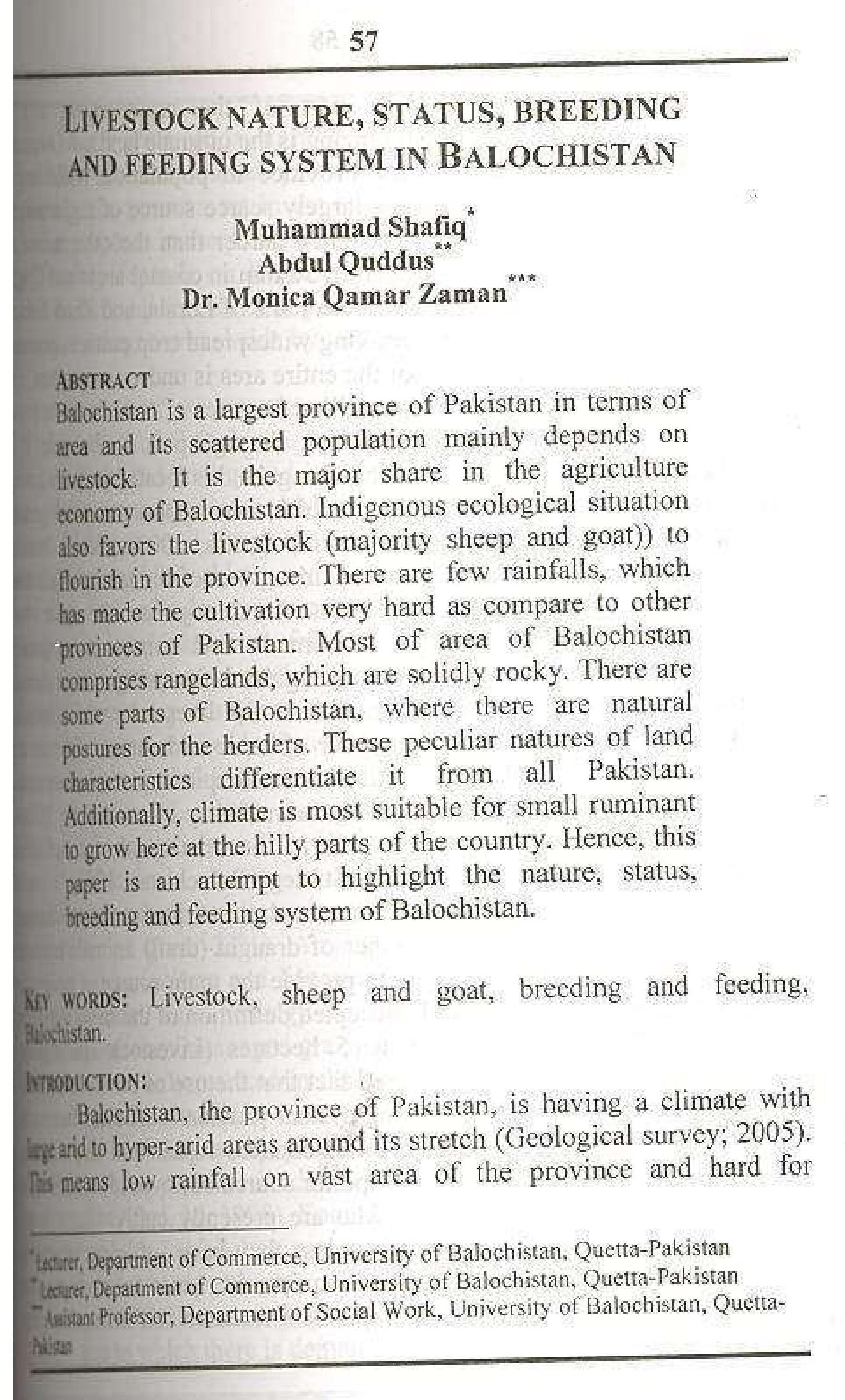 Livestock Nature, Status, Breeding and feeding system in Balochistan.