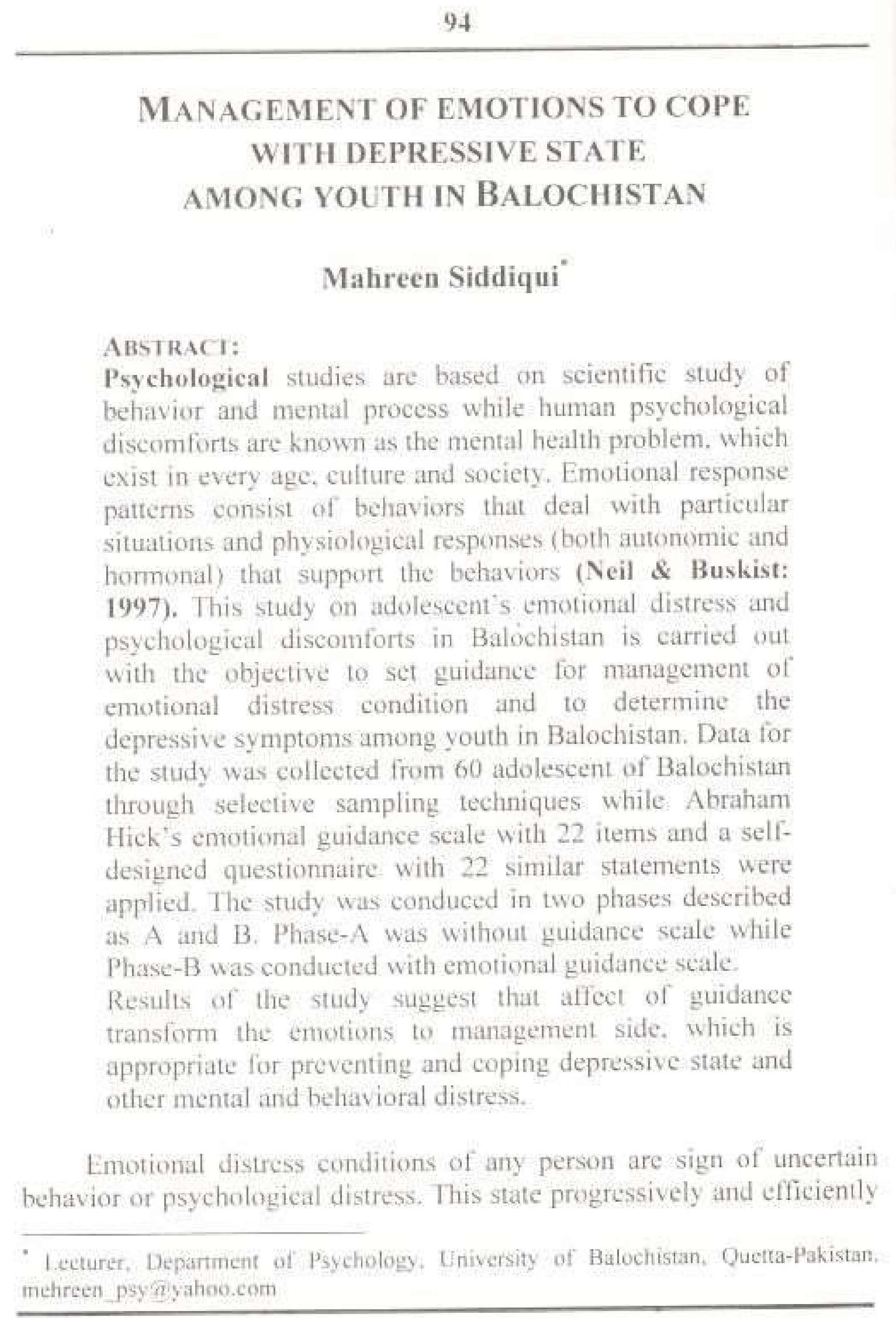 Management of Emotions to Cope with depressive state among youth in Balochsitan.