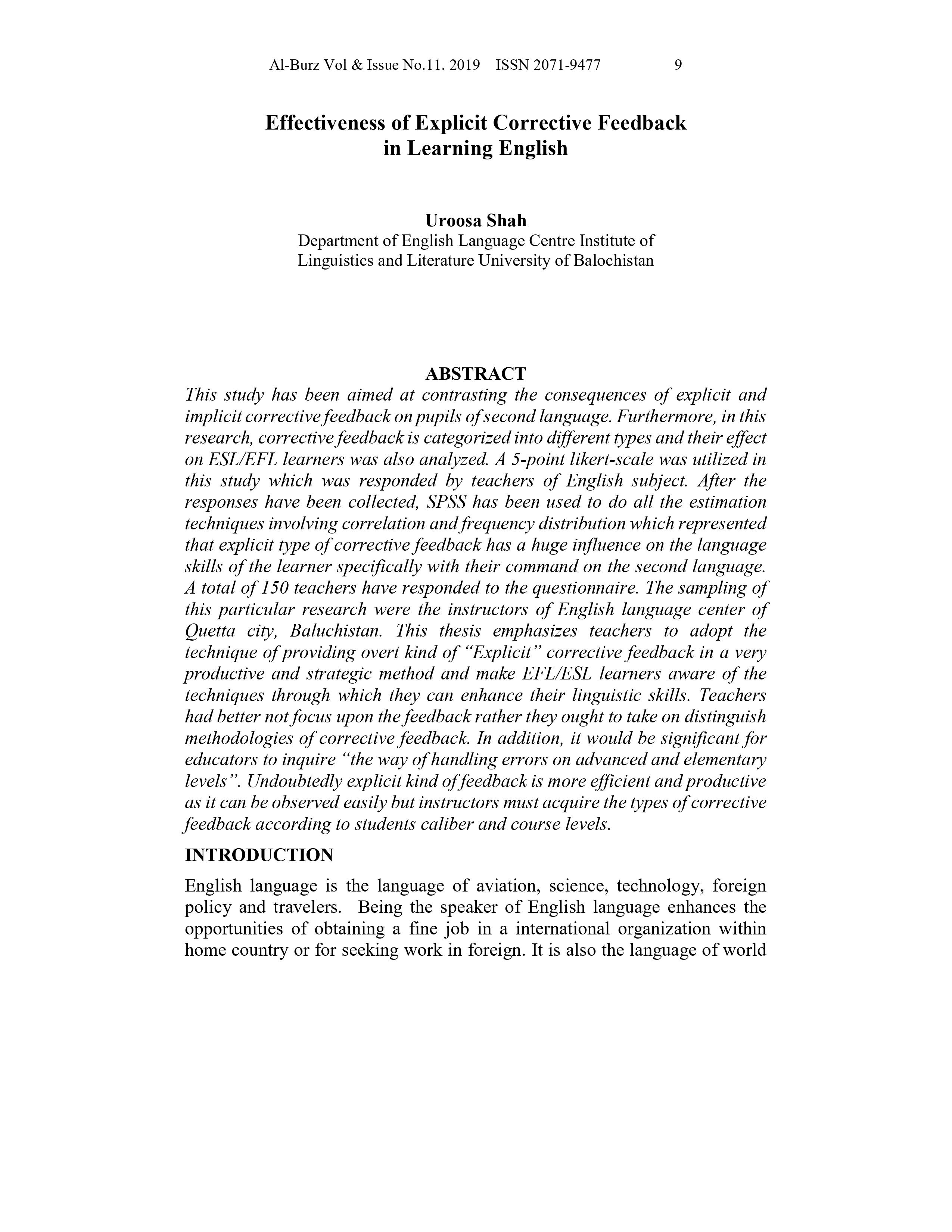 Effectiveness of Explicit Corrective Feedback in Learning English