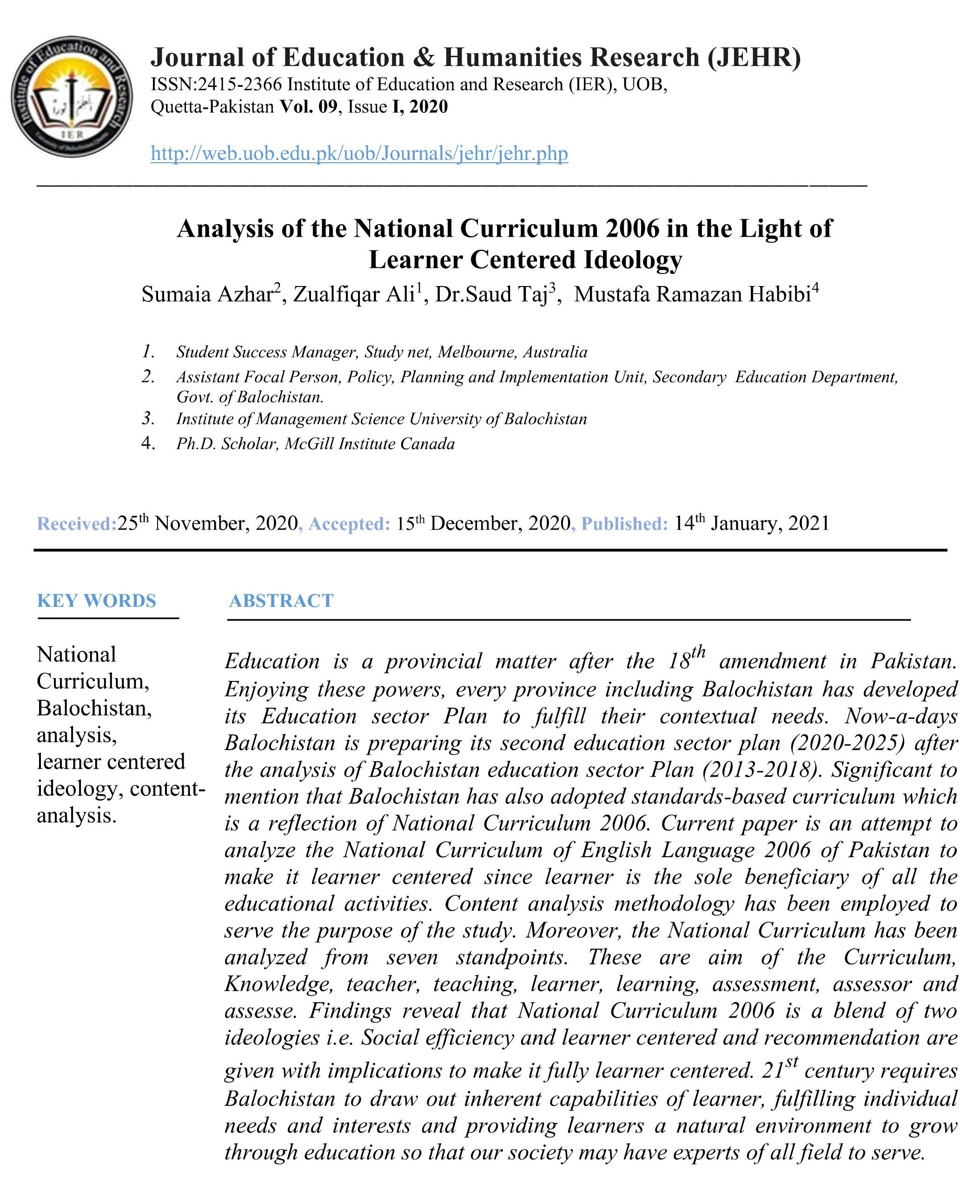 Analysis of the National Curriculum 2006 in the Light of Learner Centered Ideology